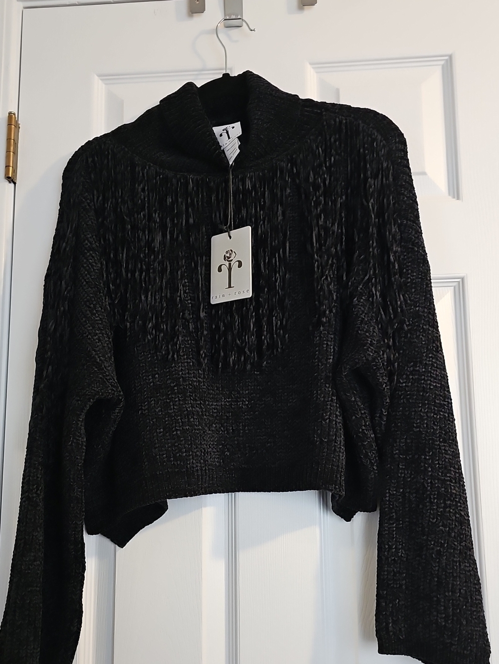 Black Chenille Cropped Turtleneck Fringe Sweater